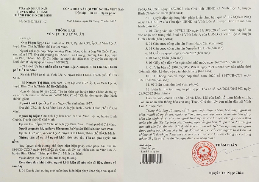 Thông báo thụ lí vụ án của TAND huyện Bình Chánh