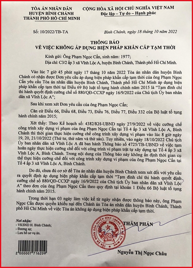 Thông báo số 10TB-TA của TAND huyện bình Chánh về việcTòa không áp dụng biện pháp khẩn cấp tạm thời.