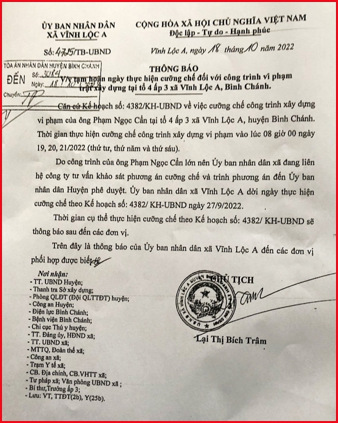 Thông báo số 4725, hoãn cưỡng chế của UBND xã Vĩnh Lộc A.	
