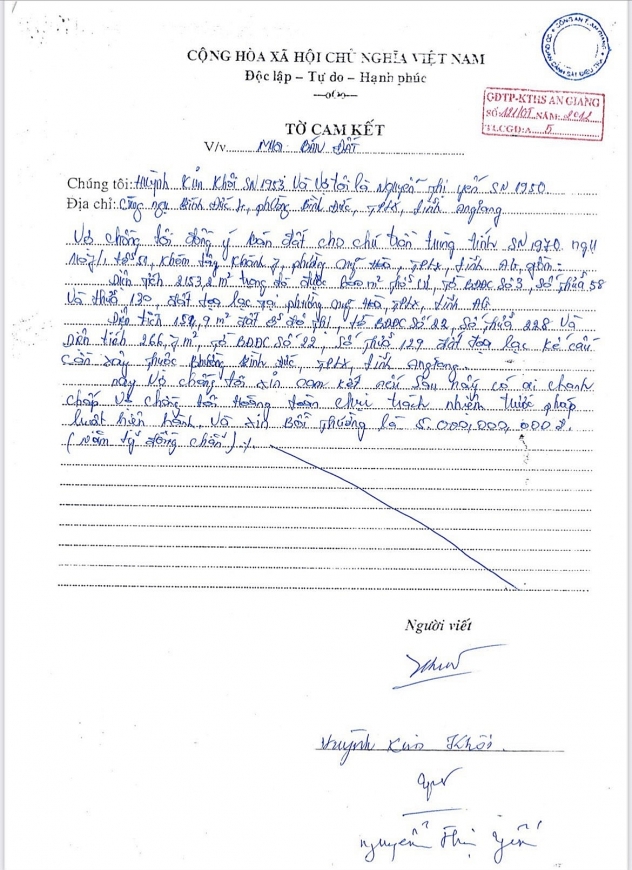 Giao dịch chuyển nhượng quyền sử dụng 4 thửa đất giữa ông Tính với vợ chồng ông Khôi, bà Yến diễn ra năm 2012.