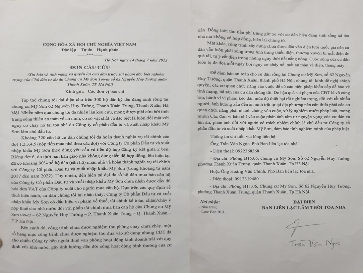 Cư dân dự án Mỹ Sơn Tower viết đơn cầu cứu vì chủ đầu tư phớt lờ quy định của pháp luật