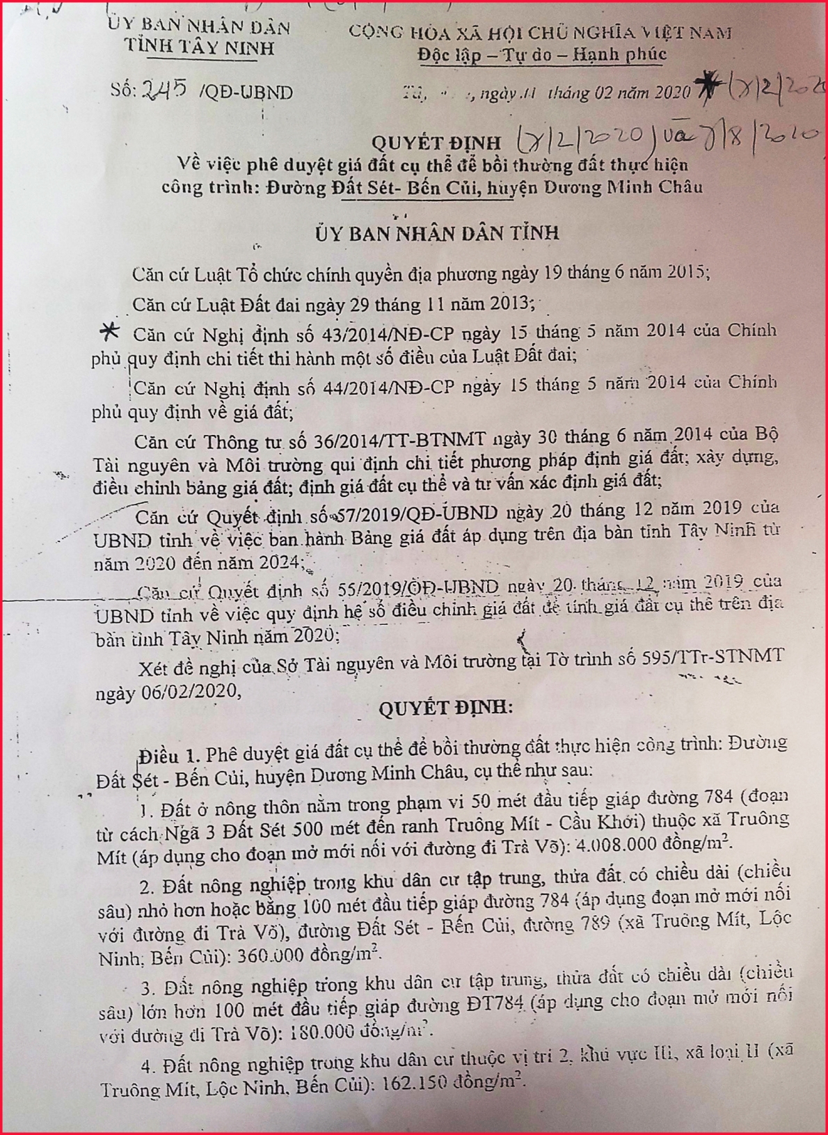 Cần bồi thường cho các hộ bị thu hồi đất theo đúng quy định của UBND tỉnh