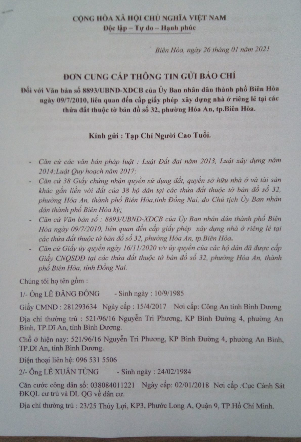 TP. Biên Hòa, tỉnh Đồng Nai: Sao chưa cấp phép xây dựng có thời hạn cho 38 hộ dân?