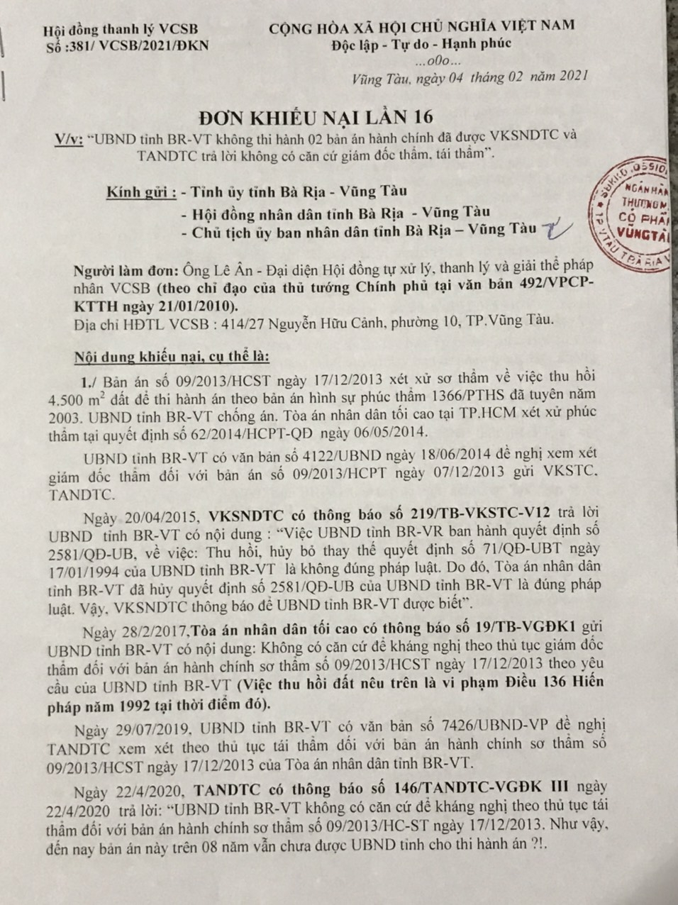 Đại gia Lê Ân gửi đơn khiếu nại lần thứ 16 yêu cầu tỉnh Bà Rịa-Vũng Tàu thi hành 2 bản án hành chính