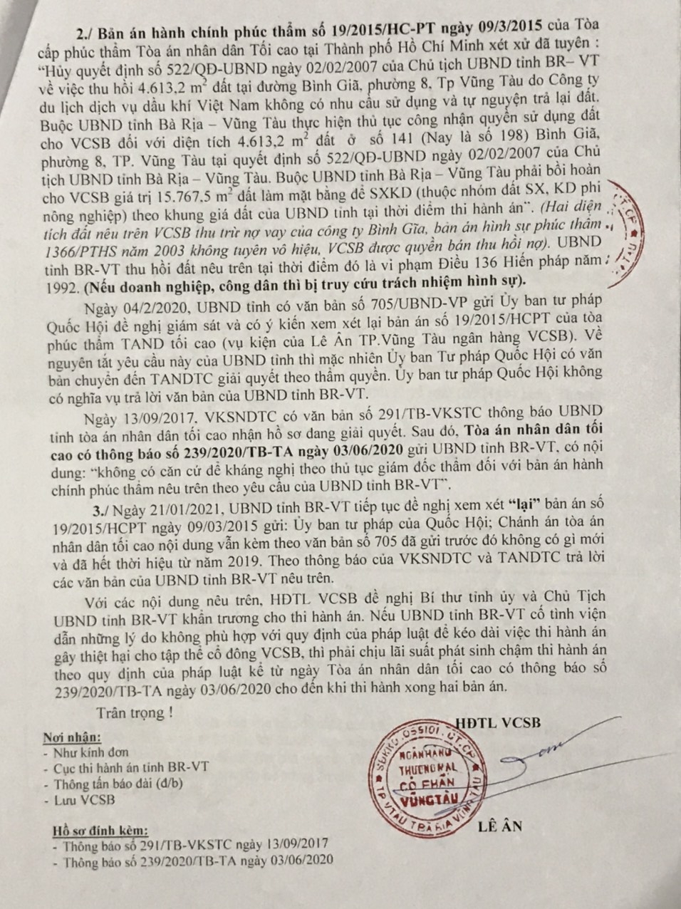 Đại gia Lê Ân gửi đơn khiếu nại lần thứ 16 yêu cầu tỉnh Bà Rịa-Vũng Tàu thi hành 2 bản án hành chính