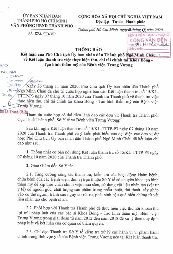 UBND TP Hồ Chí Minh yêu cầu xử lý người đứng đầu để xảy ra sai phạm tại Bệnh viện Trưng Vương