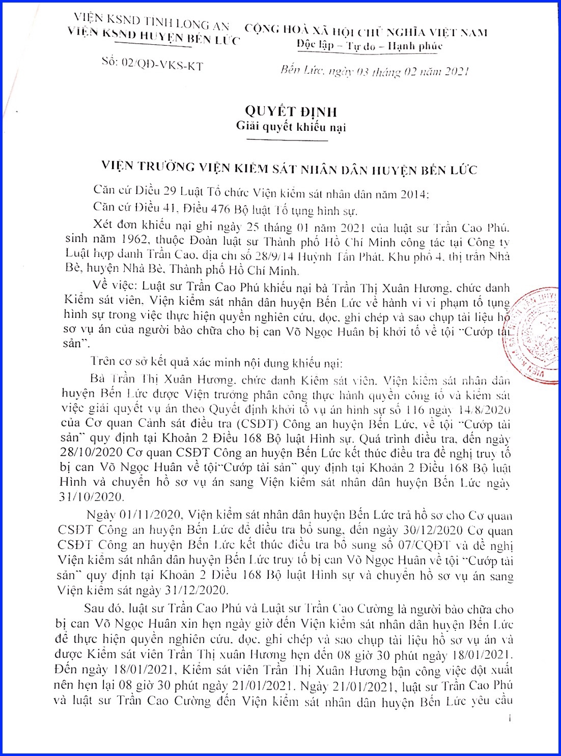 Viện KSND huyện Bến Lức, tỉnh Long An: Nhiều dấu hiệu cản trở hành nghề hợp pháp của các Luật sư!