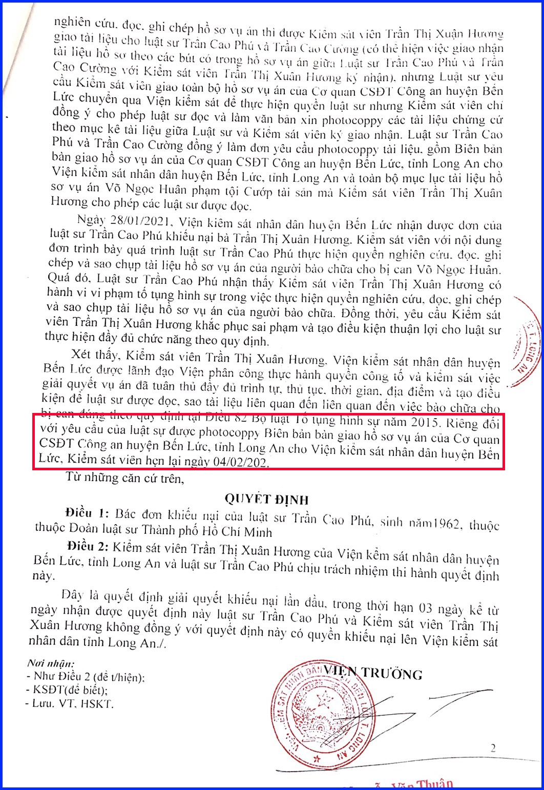 Viện KSND huyện Bến Lức, tỉnh Long An: Nhiều dấu hiệu cản trở hành nghề hợp pháp của các Luật sư!