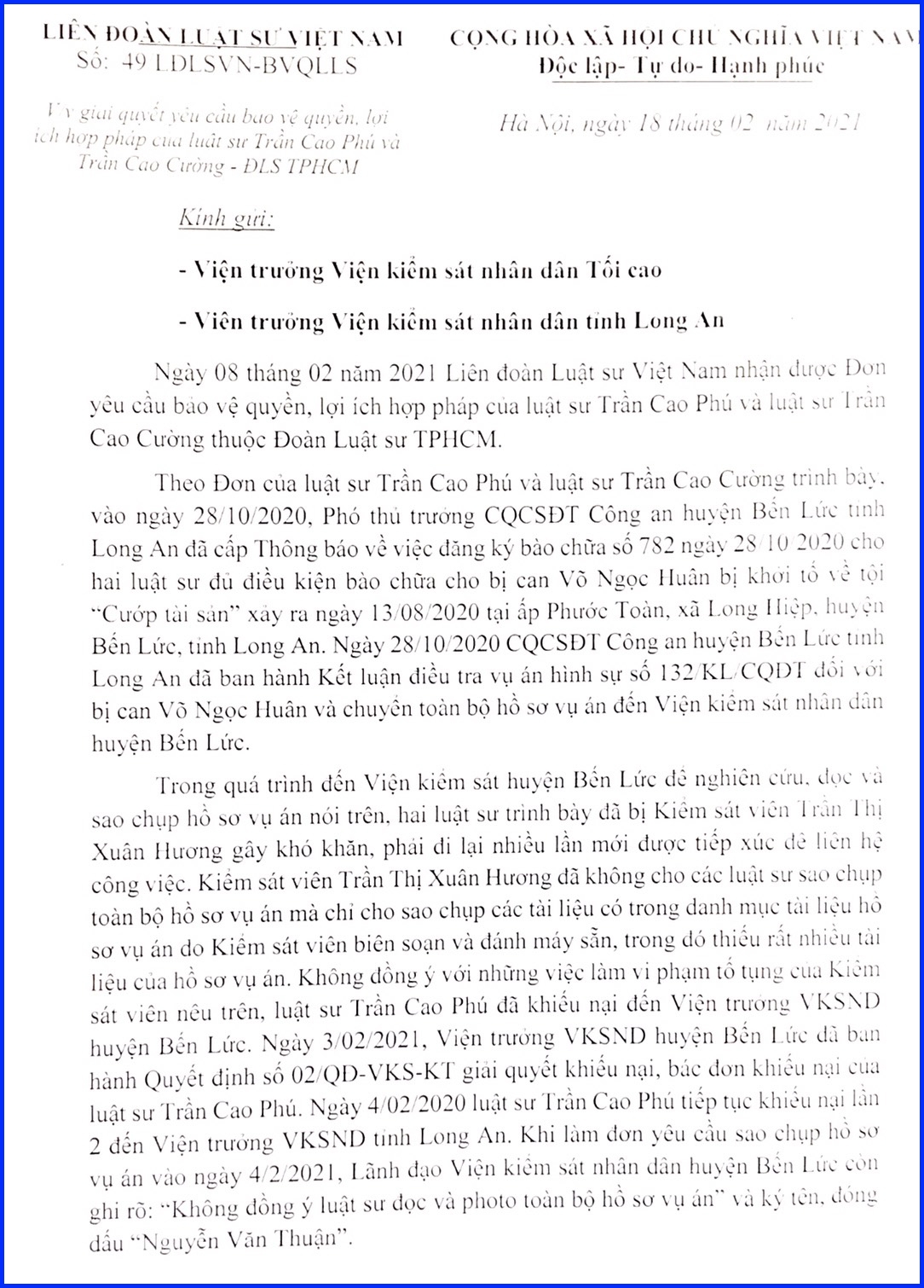 Viện KSND huyện Bến Lức, tỉnh Long An: Nhiều dấu hiệu cản trở hành nghề hợp pháp của các Luật sư!