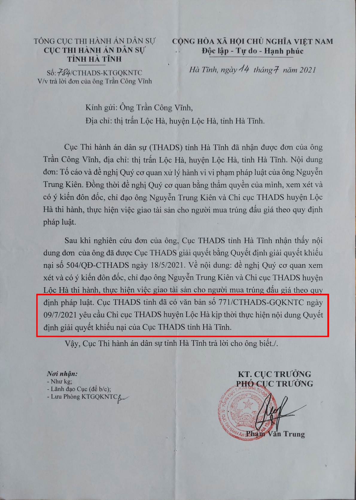 Tỉnh Hà Tĩnh: Chi cục trưởng Chi cục THADS huyện Lộc Hà cố ý làm trái, không thực hiện chỉ đạo cấp trên (!)