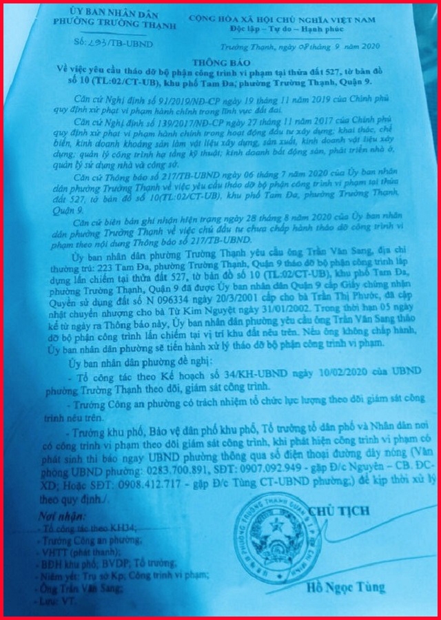 Phường Trường Thạnh, TP Thủ Đức, TP Hồ Chí Minh: Sao không xử lý hành vi cố tình chiếm đất người khác?