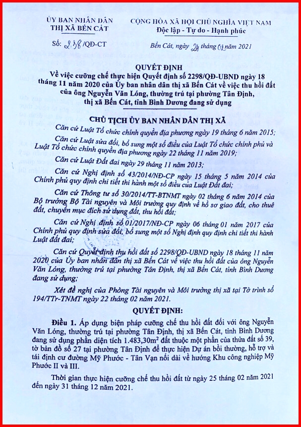 Thị xã Bến Cát, tỉnh Bình Dương: Vận động, đối thoại cụ ông 90 tuổi, đang bị bệnh thực hiện quyết định cưỡng chế!