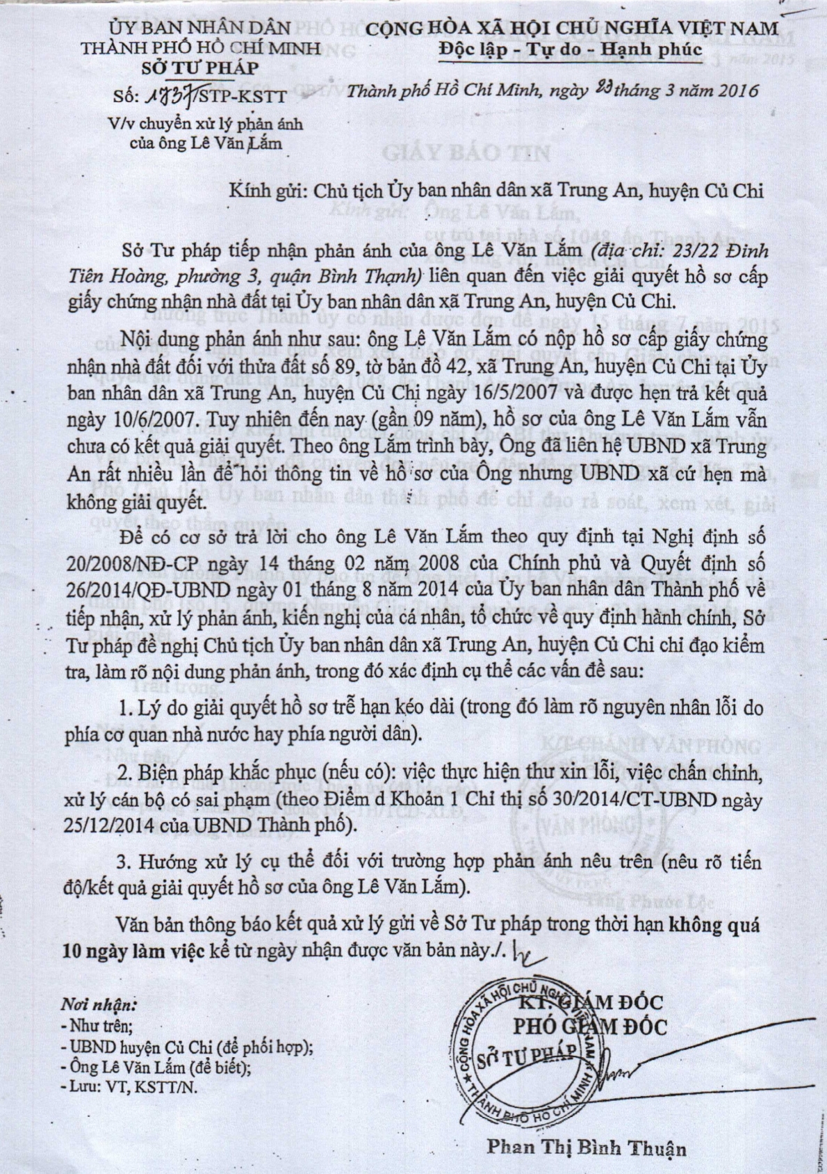 Xã Trung An, huyện Củ Chi, TP Hồ Chí Minh: “Ngâm” hồ sơ của ông Lê Văn Lắm đến bao giờ?