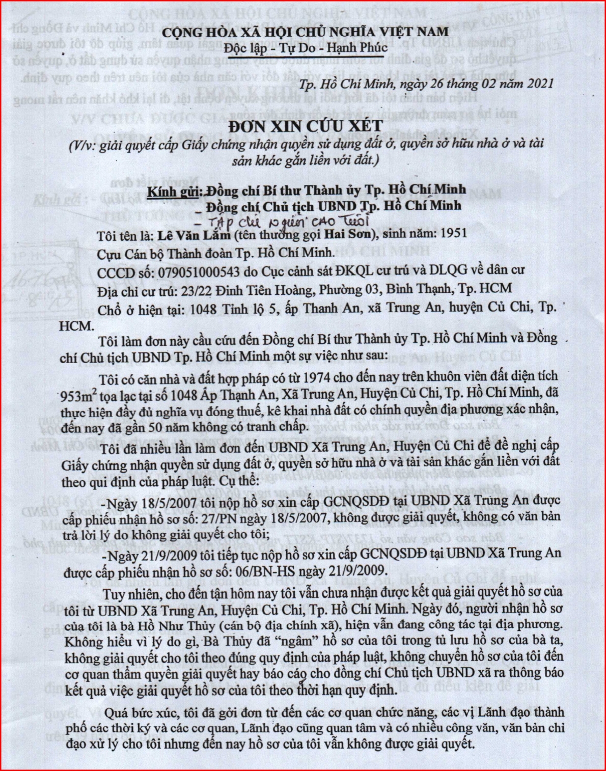 Xã Trung An, huyện Củ Chi, TP Hồ Chí Minh: “Ngâm” hồ sơ của ông Lê Văn Lắm đến bao giờ?
