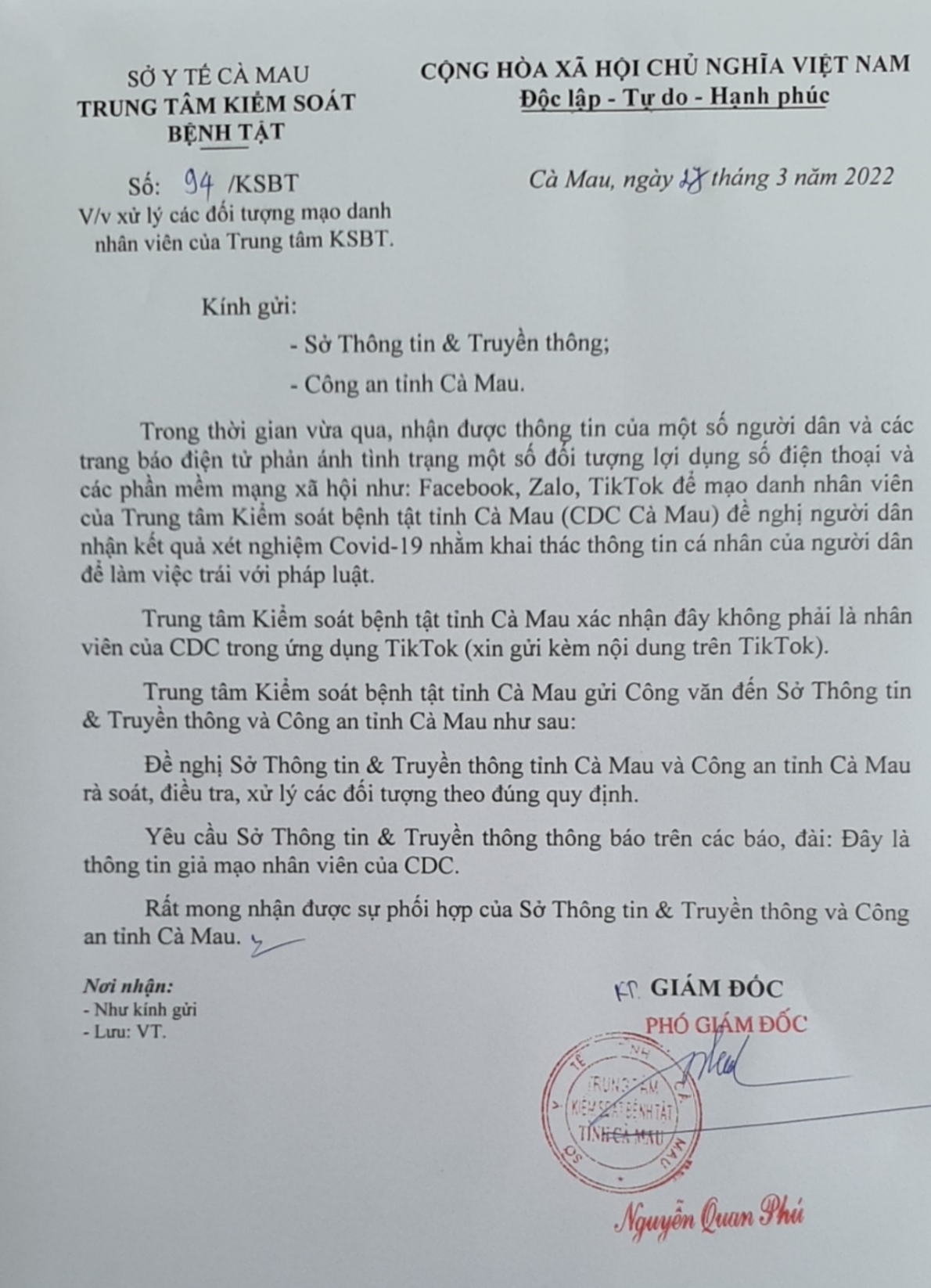 Cà Mau yêu cầu xử lý người mạo danh nhân viên CDC để lấy thông tin cá nhân