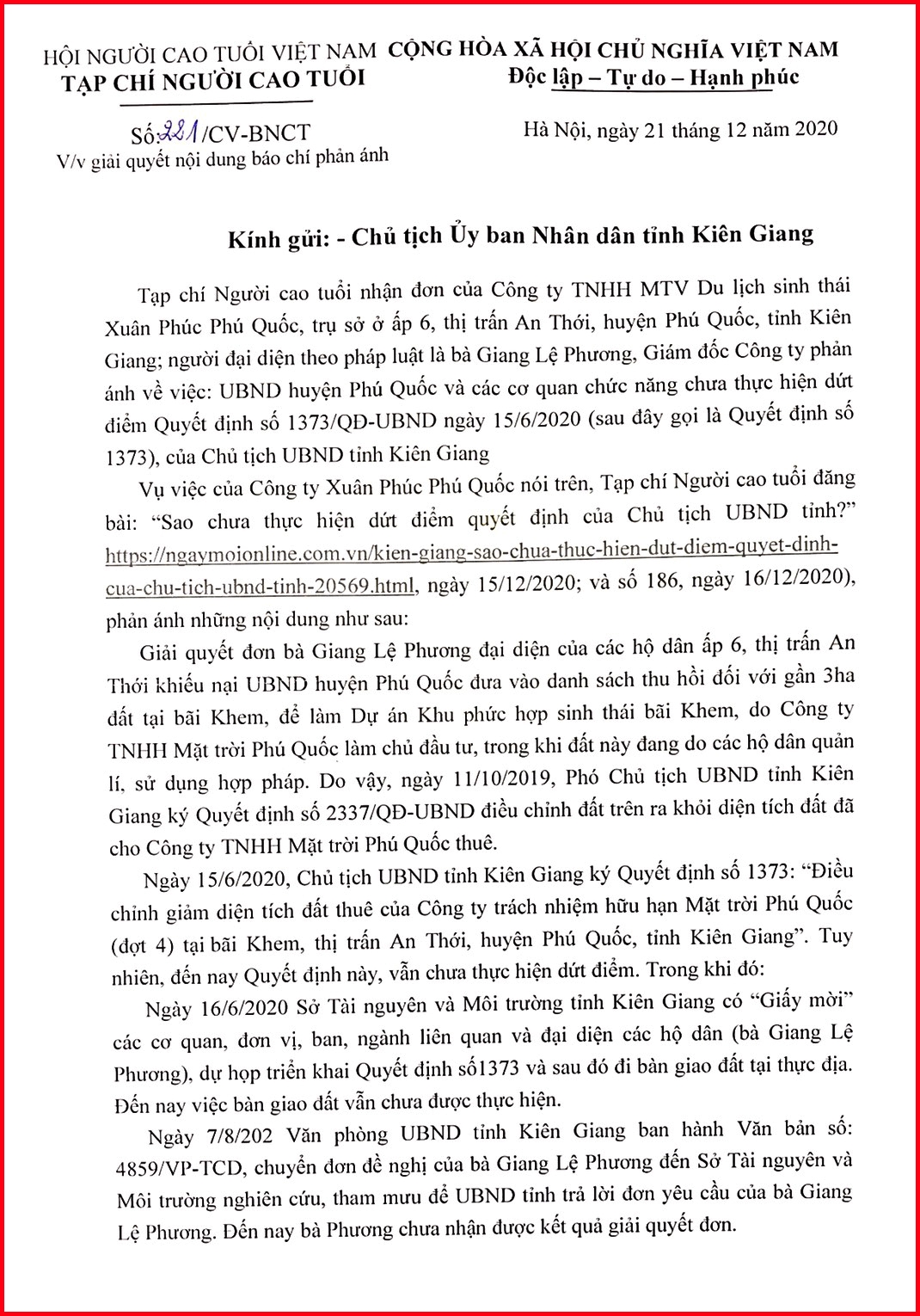 Ủy ban Tư pháp của Quốc hội đề nghị Chủ tịch UBND tỉnh Kiên Giang giải quyết đơn bà Giang Lệ Phương