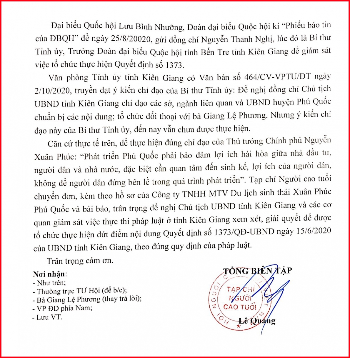 Ủy ban Tư pháp của Quốc hội đề nghị Chủ tịch UBND tỉnh Kiên Giang giải quyết đơn bà Giang Lệ Phương