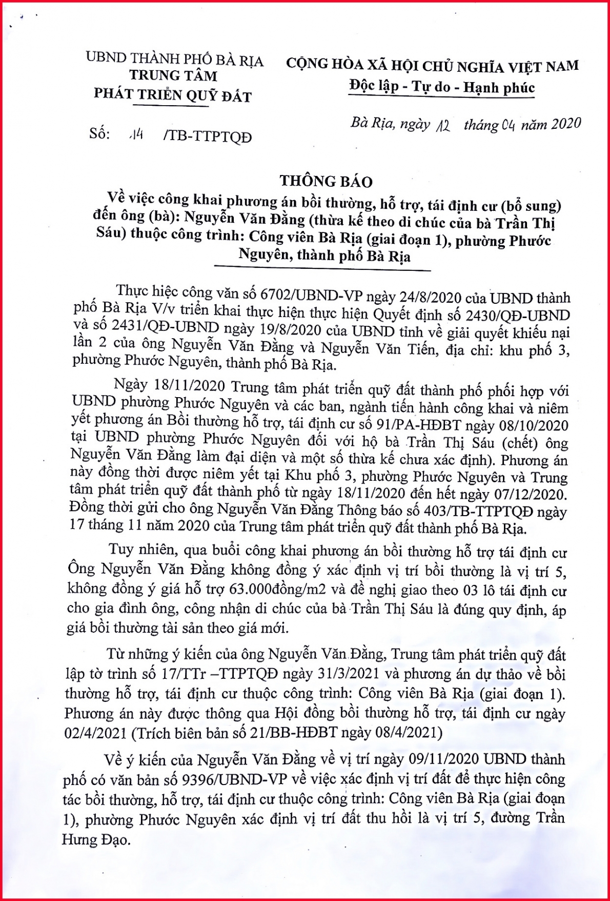Cần giải quyết có lí, có tình kiến nghị khẩn cấp của gia đình ông Nguyễn Văn Đằng