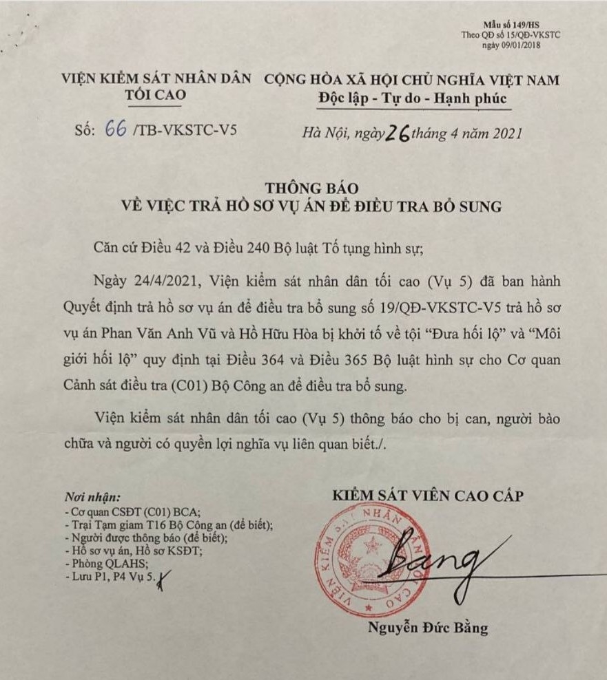 Viện KSND Tối cao trả hồ sơ yêu cầu điều tra bổ sung vụ Vũ “nhôm” đưa hối lộ