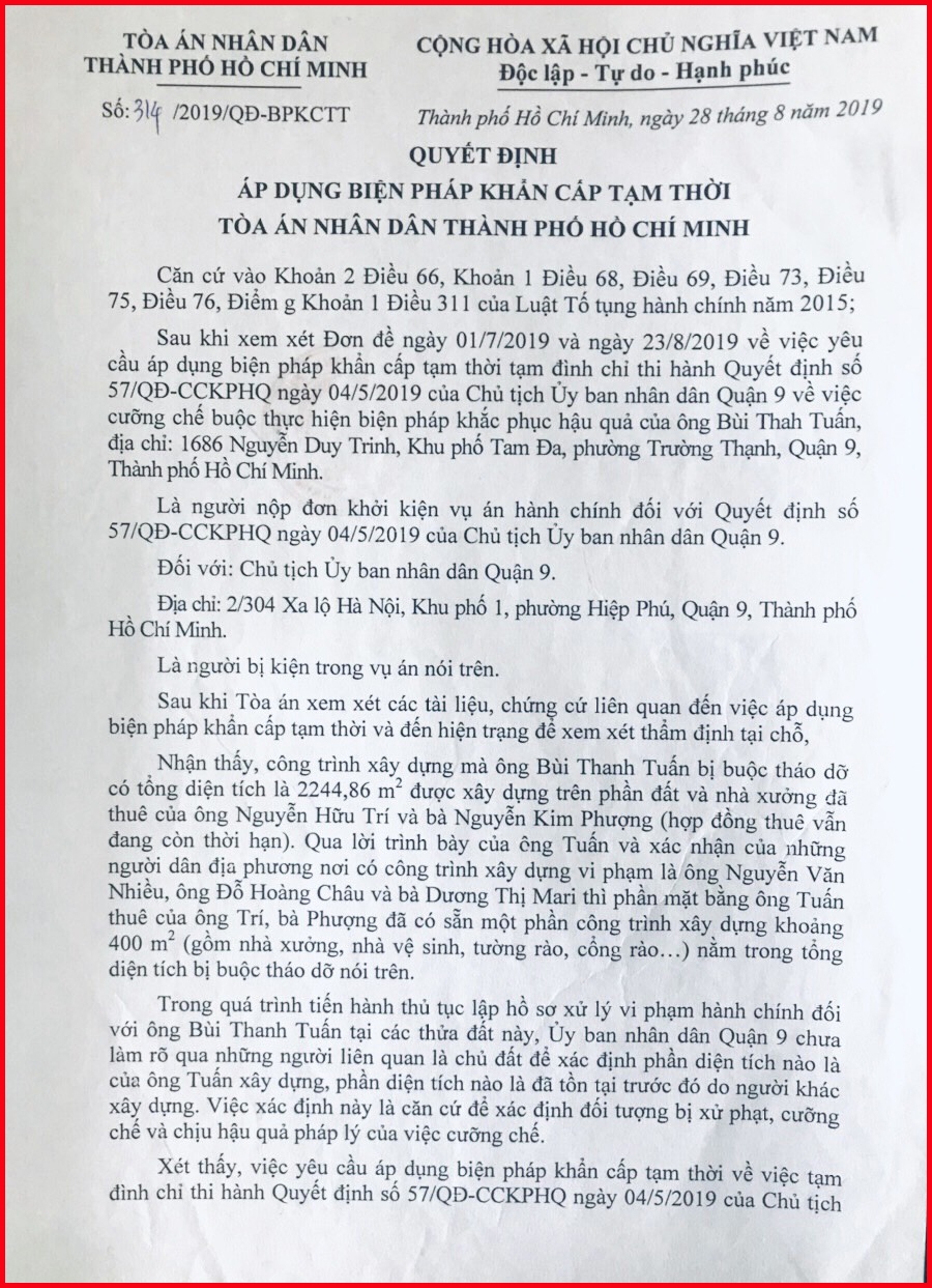 Quận 9, TP Hồ Chí Minh: Tranh chấp phải chờ quyết định có hiệu lực pháp luật của Tòa án!