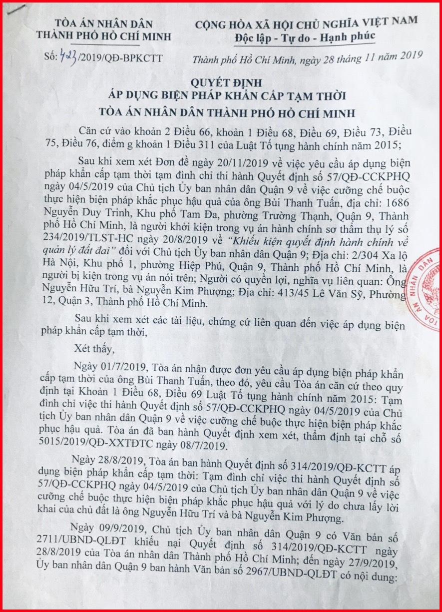 Quận 9, TP Hồ Chí Minh: Tranh chấp phải chờ quyết định có hiệu lực pháp luật của Tòa án!