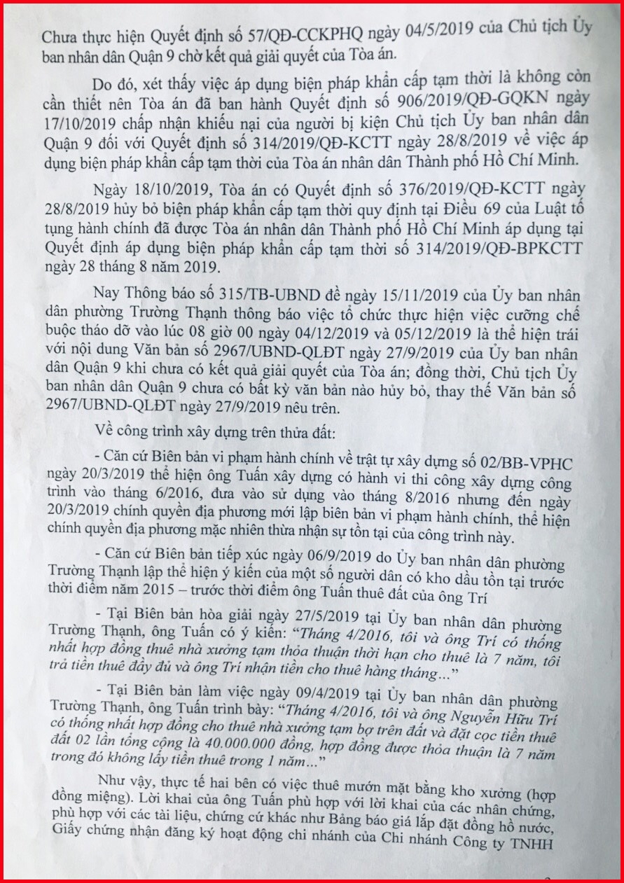 Quận 9, TP Hồ Chí Minh: Tranh chấp phải chờ quyết định có hiệu lực pháp luật của Tòa án!