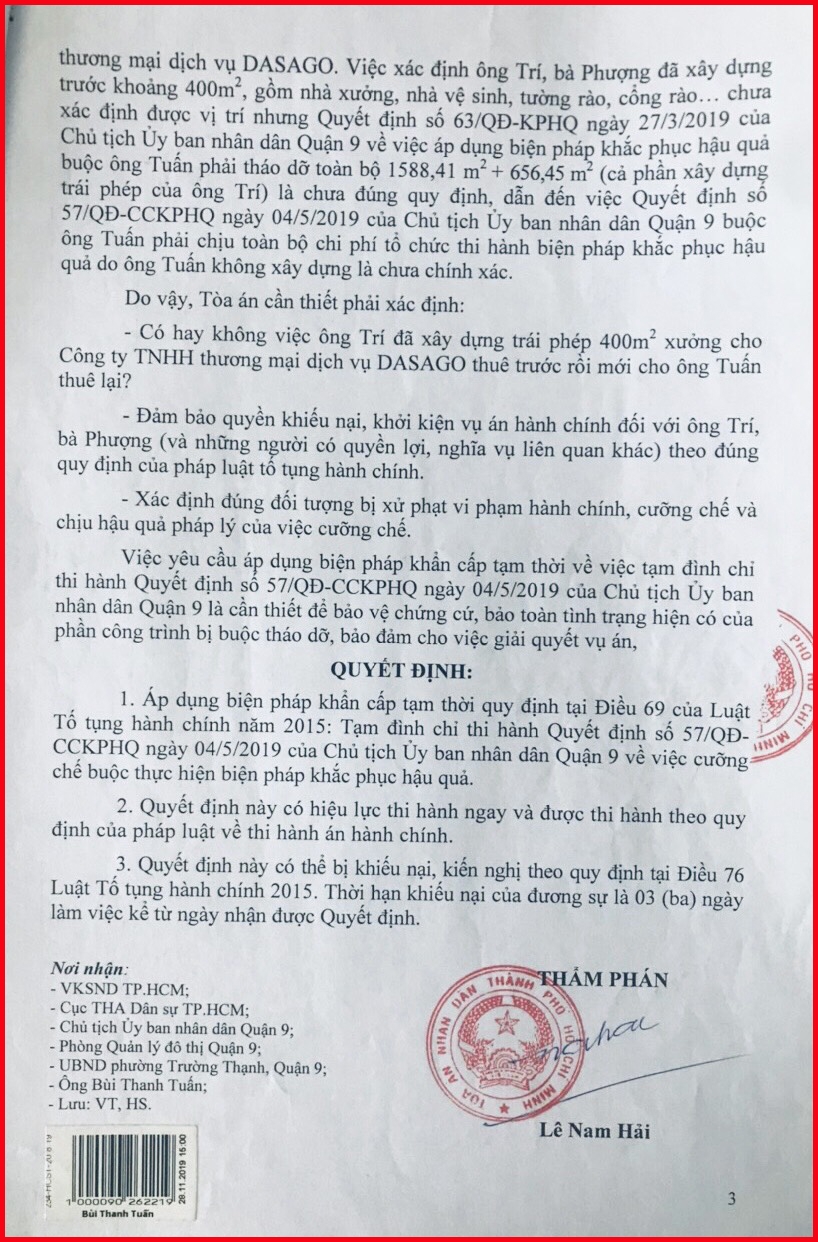Quận 9, TP Hồ Chí Minh: Tranh chấp phải chờ quyết định có hiệu lực pháp luật của Tòa án!
