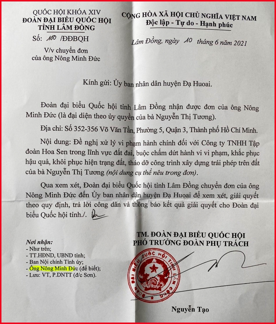 Ban Nội chính Tỉnh ủy Lâm Đồng yêu cầu giải quyết đơn của bà Nguyễn Thị Tương