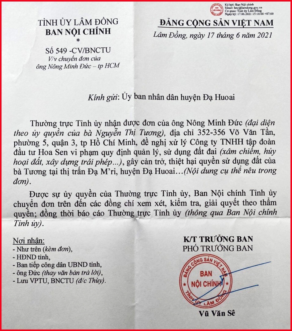 Ban Nội chính Tỉnh ủy Lâm Đồng yêu cầu giải quyết đơn của bà Nguyễn Thị Tương