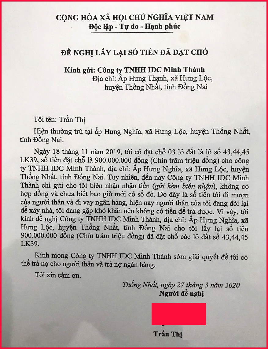 Về thực hiện Dự án Khu dân cư Al-Cl (đô thị Dầu Giây), tỉnh Đồng Nai: ​​​​​​​Cần xác minh làm rõ dấu hiệu lừa đảo, làm trái