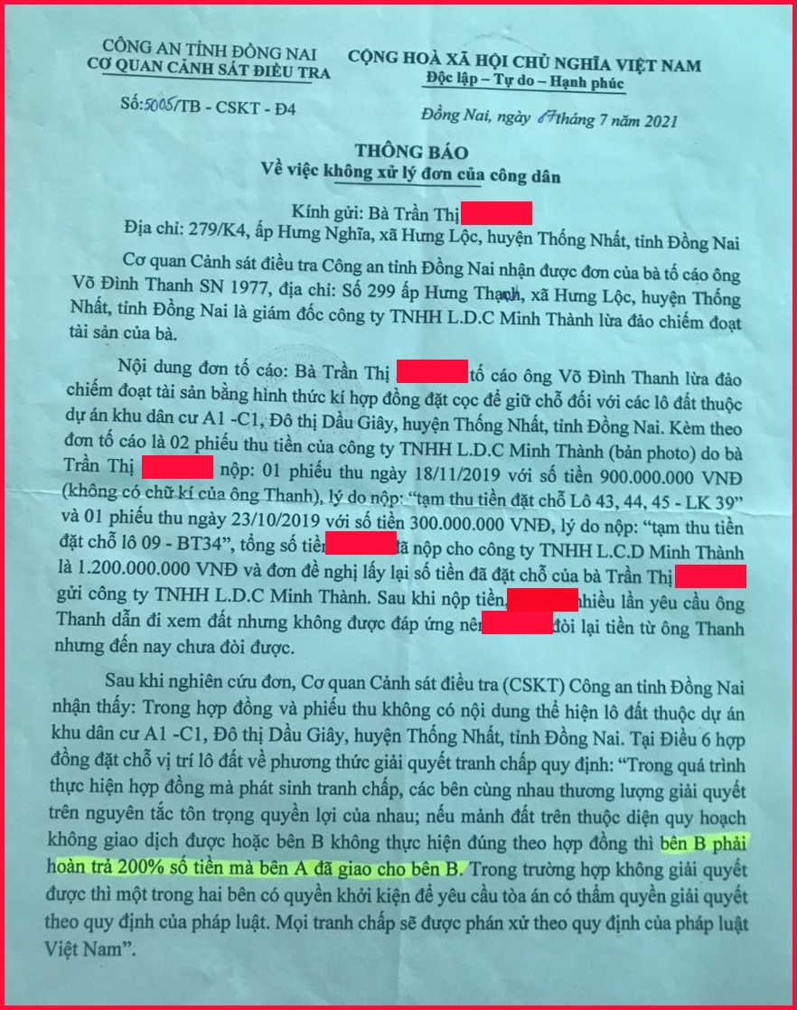 Về thực hiện Dự án Khu dân cư Al-Cl (đô thị Dầu Giây), tỉnh Đồng Nai: ​​​​​​​Cần xác minh làm rõ dấu hiệu lừa đảo, làm trái