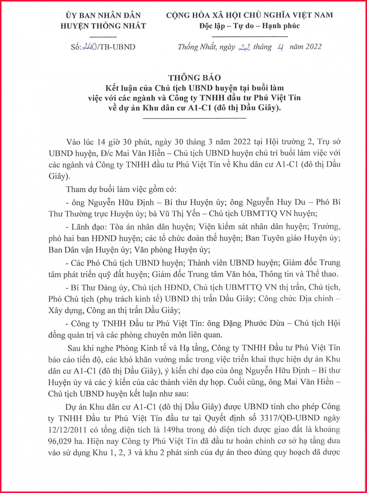 Về thực hiện Dự án Khu dân cư Al-Cl (đô thị Dầu Giây), tỉnh Đồng Nai: ​​​​​​​Cần xác minh làm rõ dấu hiệu lừa đảo, làm trái