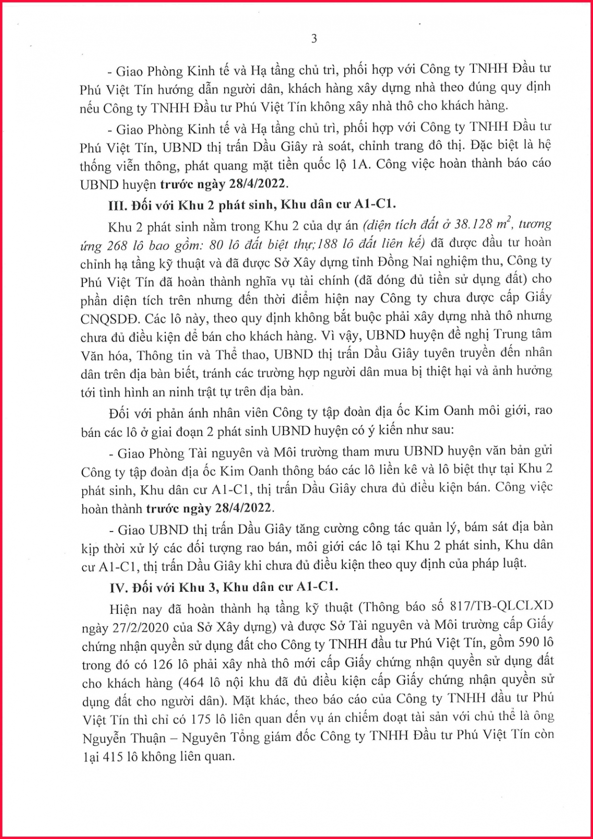 Về thực hiện Dự án Khu dân cư Al-Cl (đô thị Dầu Giây), tỉnh Đồng Nai: ​​​​​​​Cần xác minh làm rõ dấu hiệu lừa đảo, làm trái