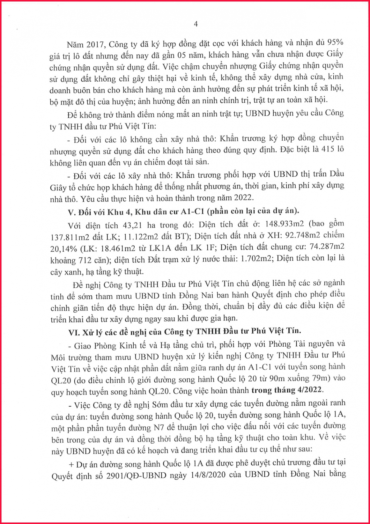 Về thực hiện Dự án Khu dân cư Al-Cl (đô thị Dầu Giây), tỉnh Đồng Nai: ​​​​​​​Cần xác minh làm rõ dấu hiệu lừa đảo, làm trái