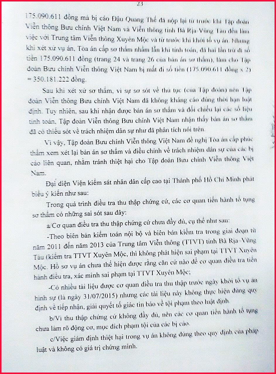 Vụ án Tham ô tài sản, Mua bán trái phép hóa đơn ở Trung tâm Viễn thông Xuyên Mộc: “Không đủ căn cứ để buộc tội Tham ô”