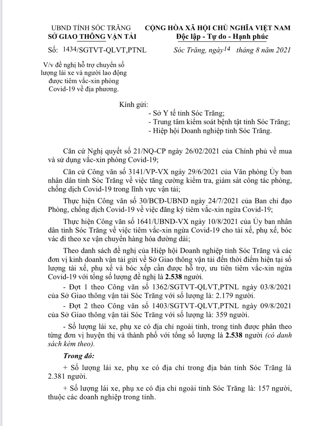 Tỉnh Sóc Trăng: Ưu tiên cho lái xe và phụ xe được tiêm vắc-xin phòng Covid-19