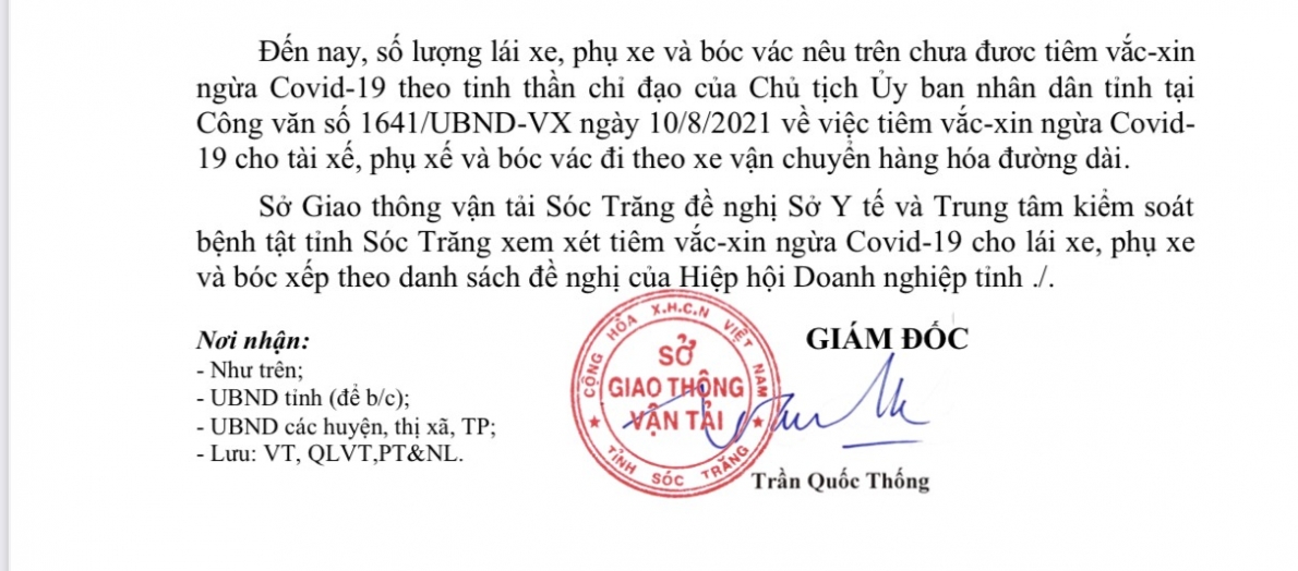 Tỉnh Sóc Trăng: Ưu tiên cho lái xe và phụ xe được tiêm vắc-xin phòng Covid-19
