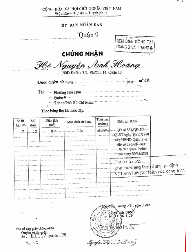 Giấy chứng nhận QSDĐ của hộ ông Hoàng
