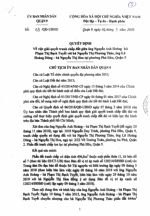 Quyết định số 03 /QĐ-UBND ngày 6/3/2020, của Chủ tịch UBND Quận 9