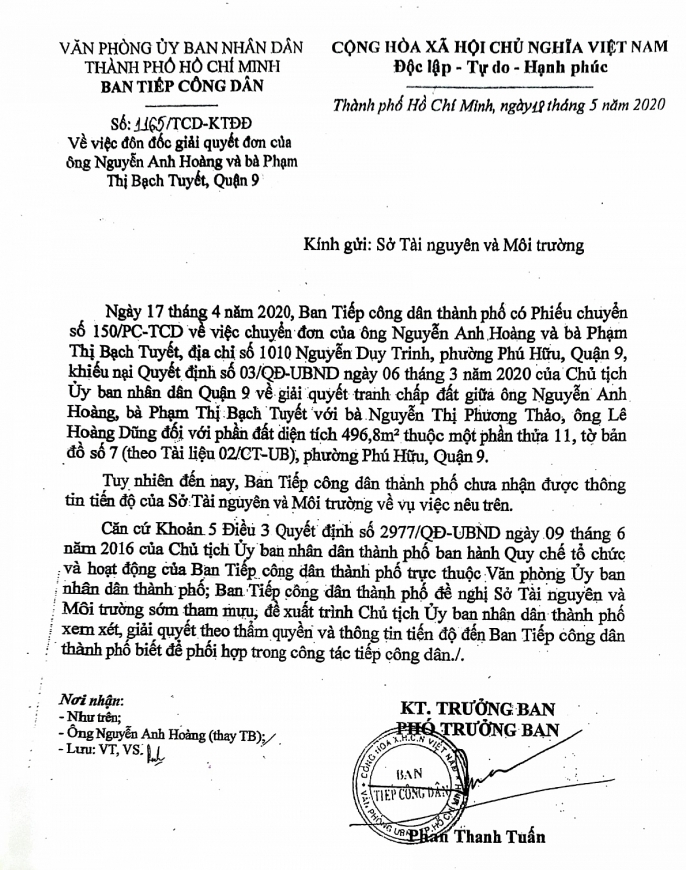 Văn bản số 1165/TCD-KTĐĐ ngày 18/5/2020 của Ban Tiếp công dân TP. Hồ Chí Minh, gửi Sở TN&MT TP. Hồ Chí Minh.