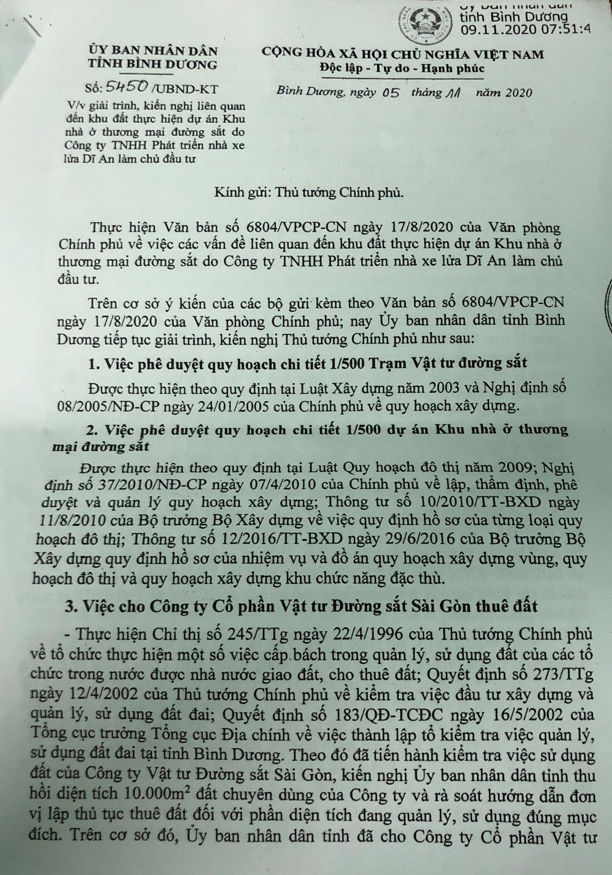Dự án Khu nhà ở thương mại đường sắt Dĩ An: UBND tỉnh Bình Dương kiến nghị Thủ tướng Chính phủ xem xét, chỉ đạo