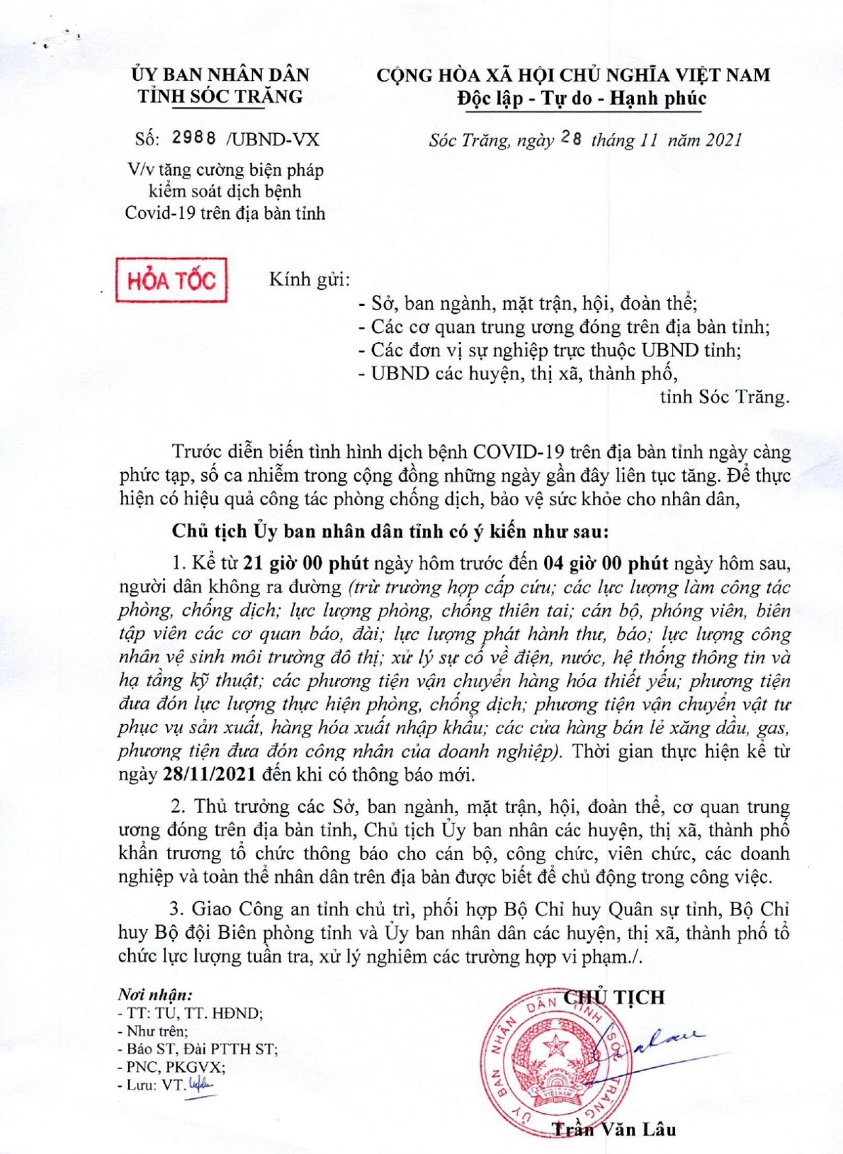 Tỉnh Sóc Trăng cấm người dân ra đường từ 21h ngày hôm trước đến 4h ngày hôm sau