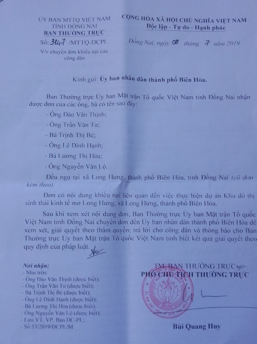 Dự án Khu đô thị kinh tế mở Long Hưng ở TP Biên Hòa, tỉnh Đồng Nai: Ngăn chặn và xử lý nghiêm những hành vi cố tình làm trái
