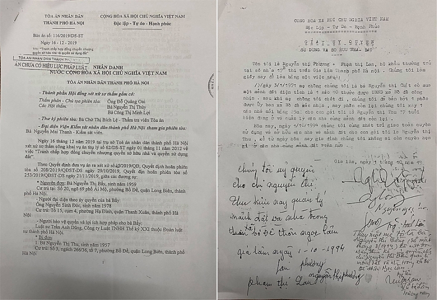 Bản án sơ thẩm số 116/2019/DS-ST ngày 16/12/2019 của TAND TP Hà Nội và Giấy ủy quyền sử dụng và sở hữu nhà đất.