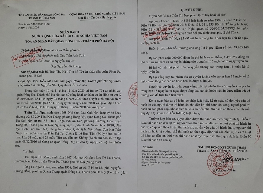 Bản án sơ thẩm số 358/HS-ST ngày 11/11/2020 của TAND quận Đống Đa.