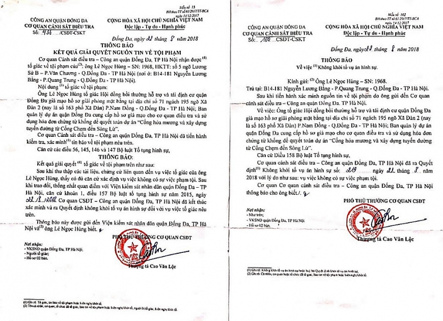 Thông báo kết quả giải quyết nguồn tin tội phạm và không khởi tố vụ án ngày 22/8/2018 của Cơ quan CSĐT, Công an quận Đống Đa.