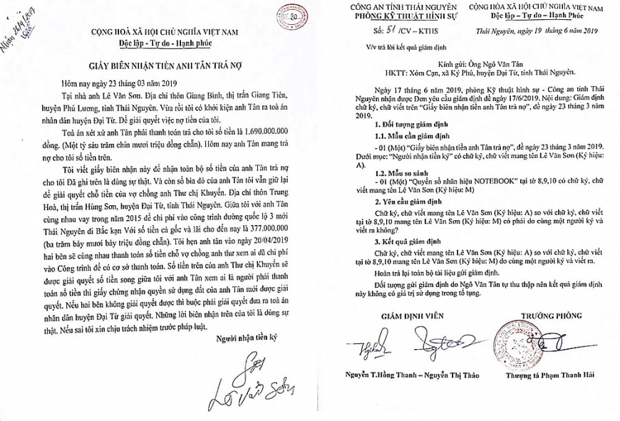 Giấy biên nhận tiền ông Tân trả nợ ngày 23/3/2019 va Kết quả giám định số 51/CV-KTHS của Phòng KTHS, Công an tỉnh Thái Nguyên.