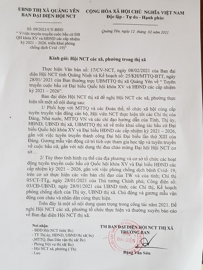 Văn bản chỉ đạo của BĐD Hội NCT thị xã  về công tác bầu cử     và phòng chống dịch bệnh Covid-19  với cơ sở hội xã, phường