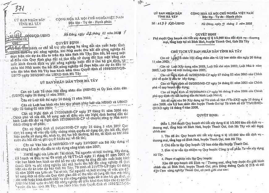 Quyết định số 37/2008/QĐ-UBND của UBND tỉnh Hà Tây (cũ) và Quyết định số 1197/QĐ-UBND ngày 9/5/2008, của UBND tỉnh Hà Tây. 