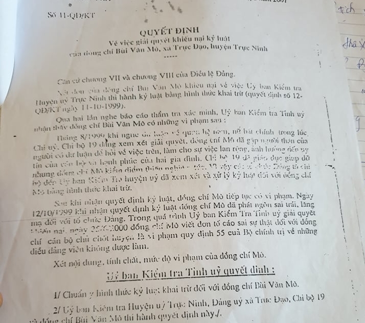 Cần làm rõ vụ cụ Bùi Văn Mô, thương binh hạng 1/4, do chống tham nhũng mà bị khai trừ khỏi Đảng